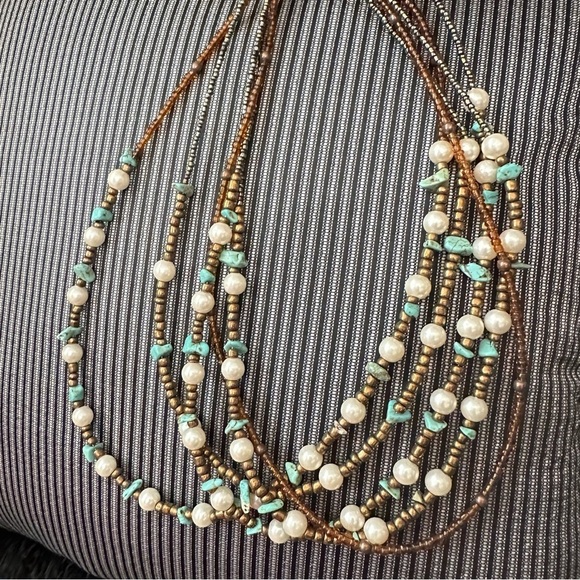 Woman’s 5 strand, multi beaded necklace, mixed beads, turquoise chips 5395 P - Picture 3 of 11